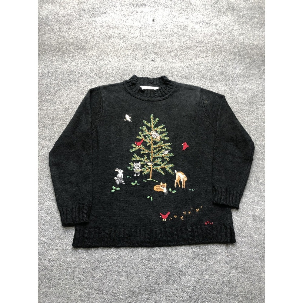 Claire Murray Sweater Womens Medium Black Woodland Animals Tree Embroidered